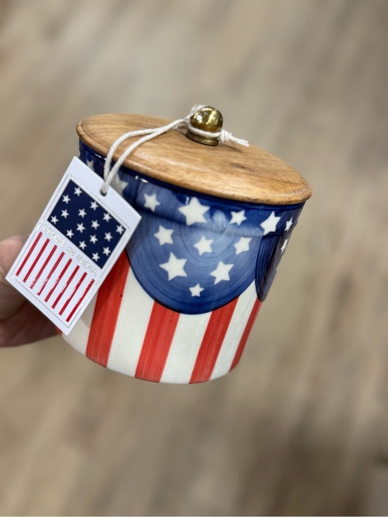 Other - Patriotic Star & Stripe Ceramic Jar with Wooden Lid